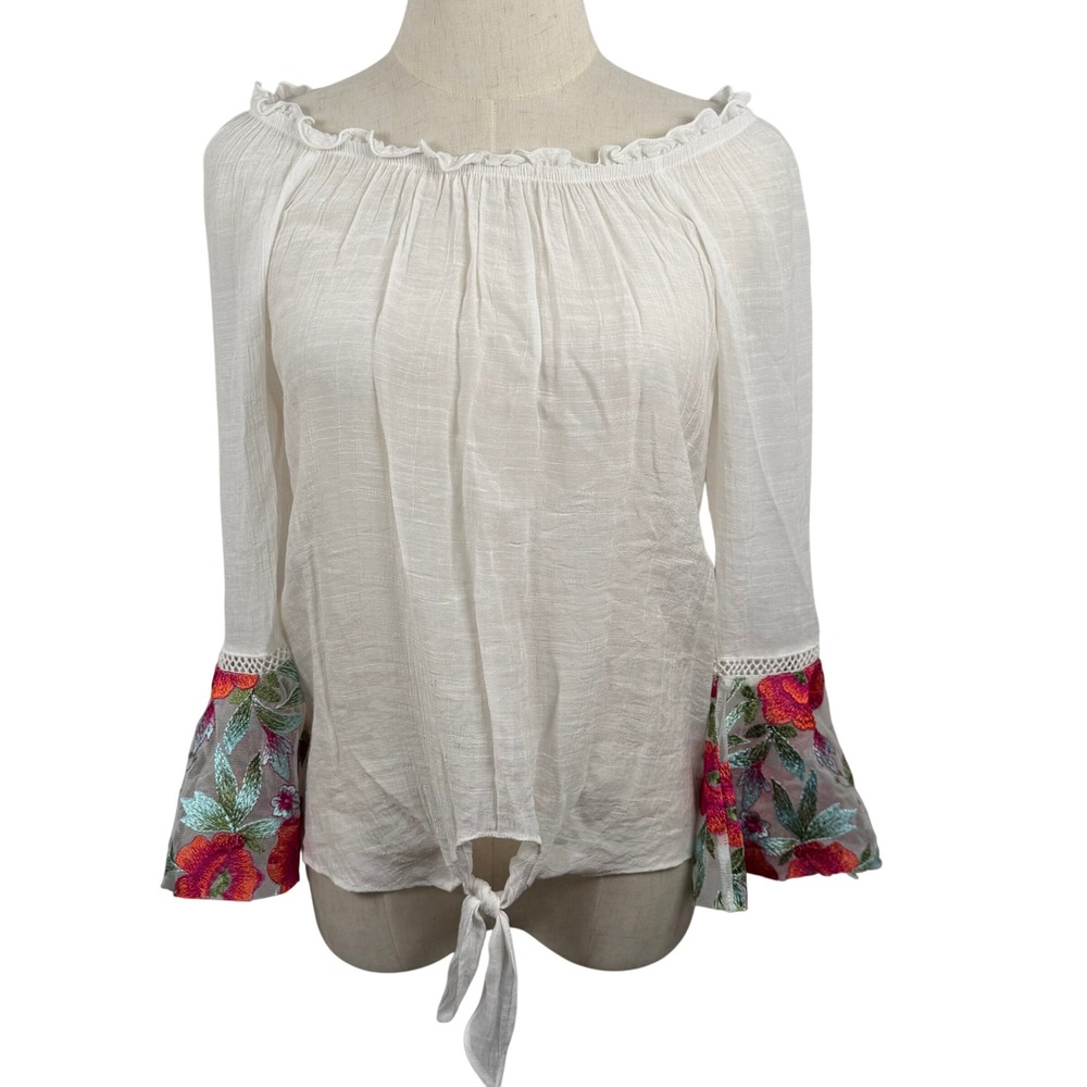 BCX Small Blouse White Floral Embroidered Mesh Bell Sleeve Tie Front Boho Hippie